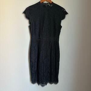 H&M Black Lace Mini Cocktail Dress Mock Neck Flutter Sleeve Size Small